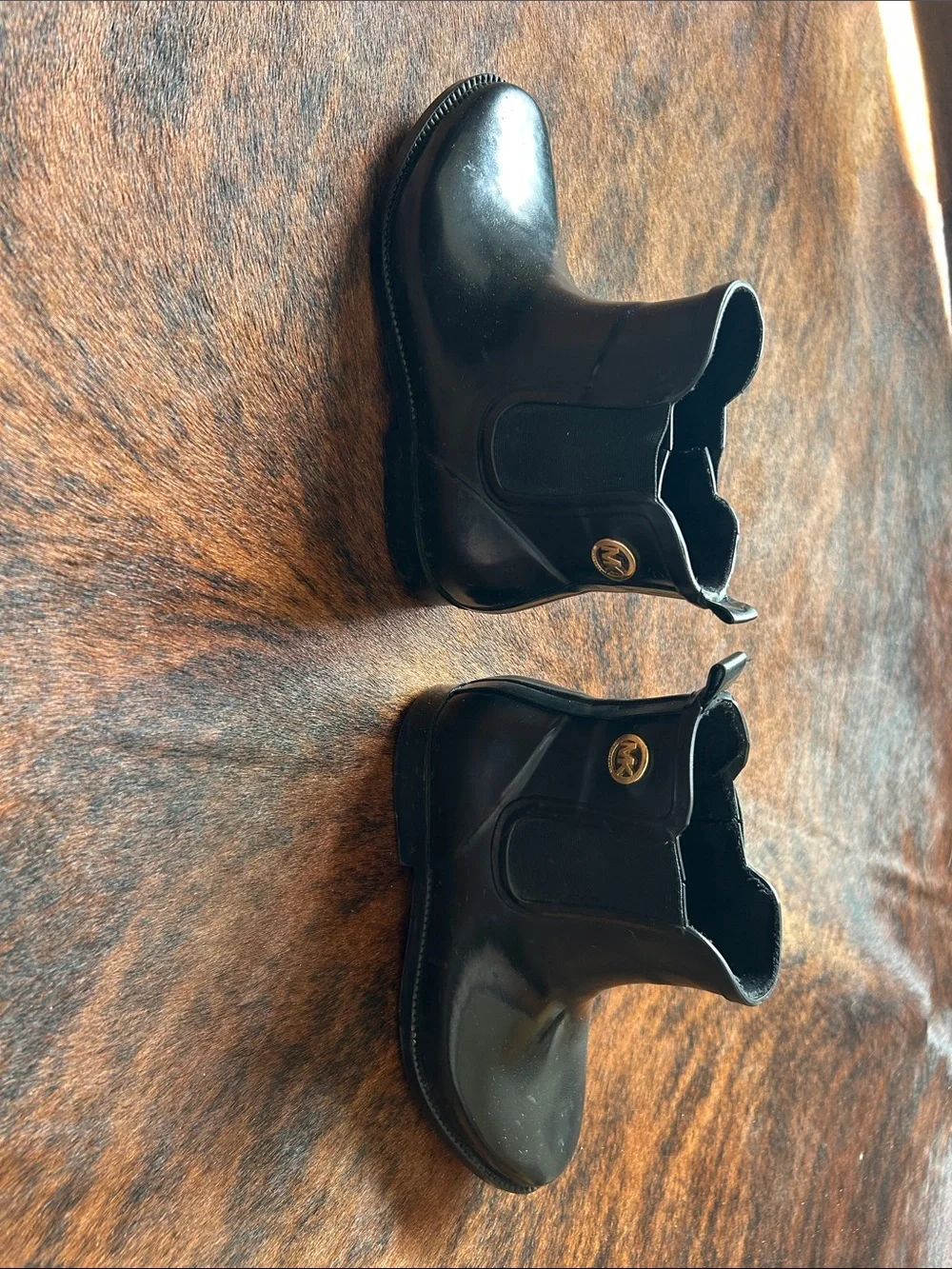 Michael Kors Black Chelsea Rain Boots with Gold MK Medallion